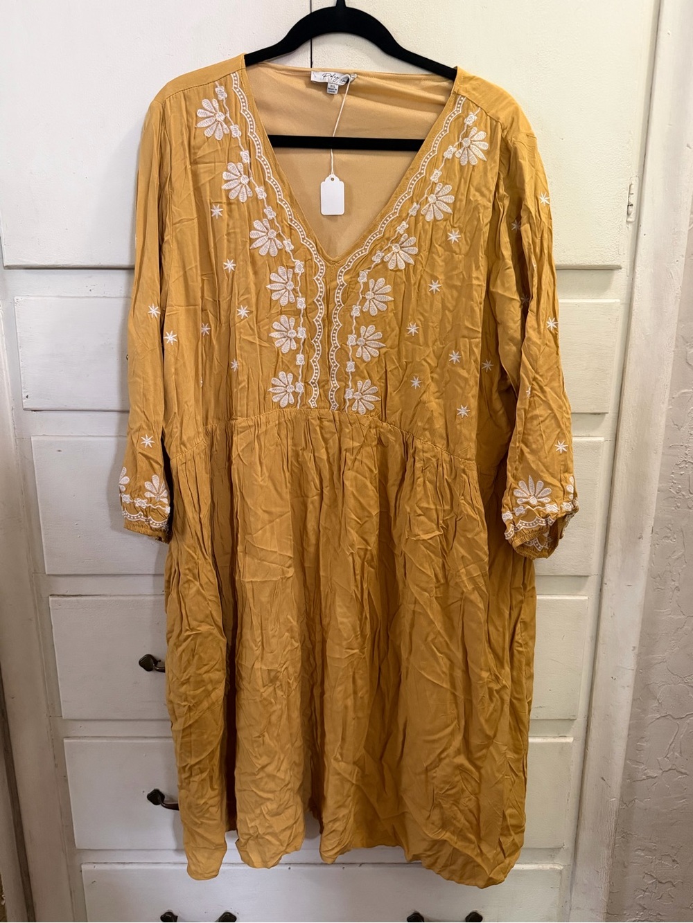Polagram Mustard Yellow Embroidered V-Neck Midi Dress
